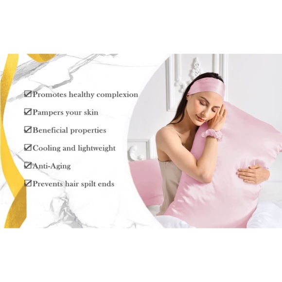 Satin Silky Cooling Pillowcase for Hair & Skin w/Scrunchie Queen Set of 2 Pink - Picture 8 of 10